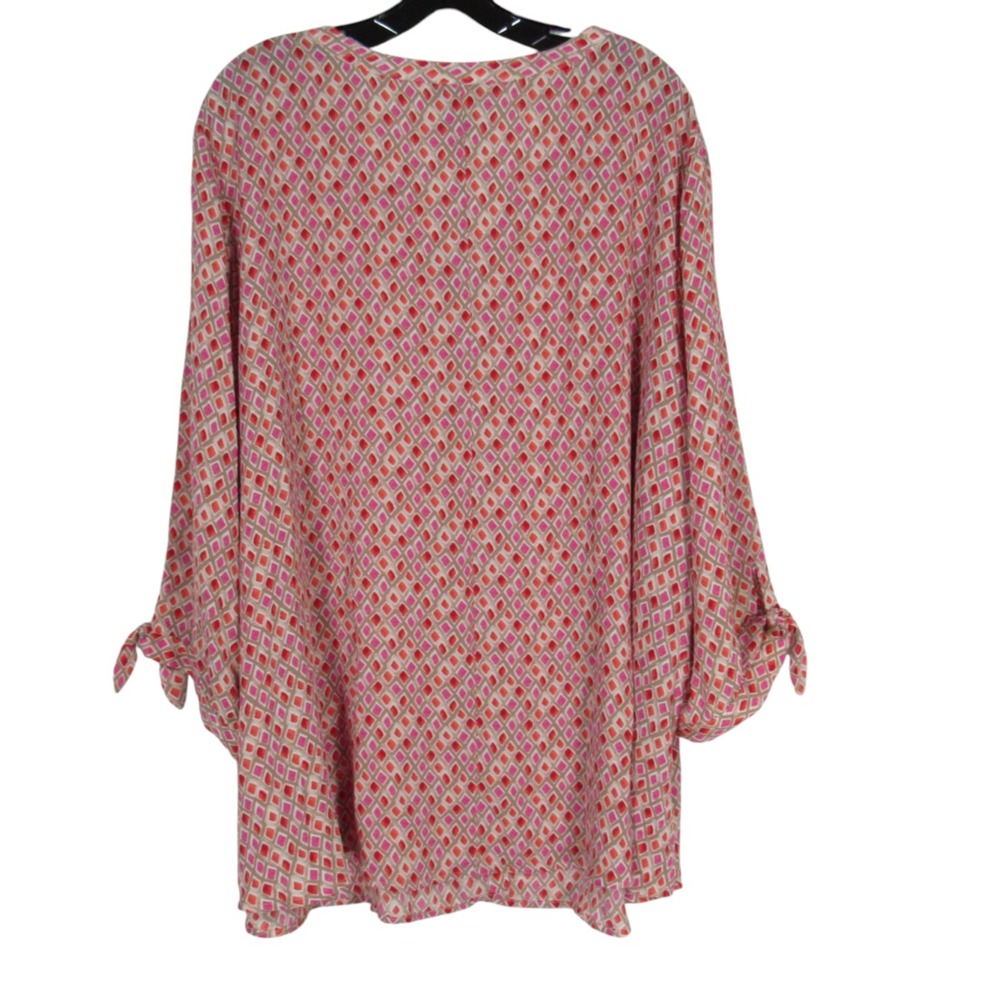 CATHERINES Georgette RED/PINK GEOMETRIC Button-Up TIE CUFF Blouse/Tunic Top 3X - Picture 4 of 5